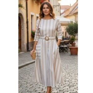 Lanz Dress Womens Size‎ 11/12 Striped Linen Blend Belted 80s Preppy Boho Beige